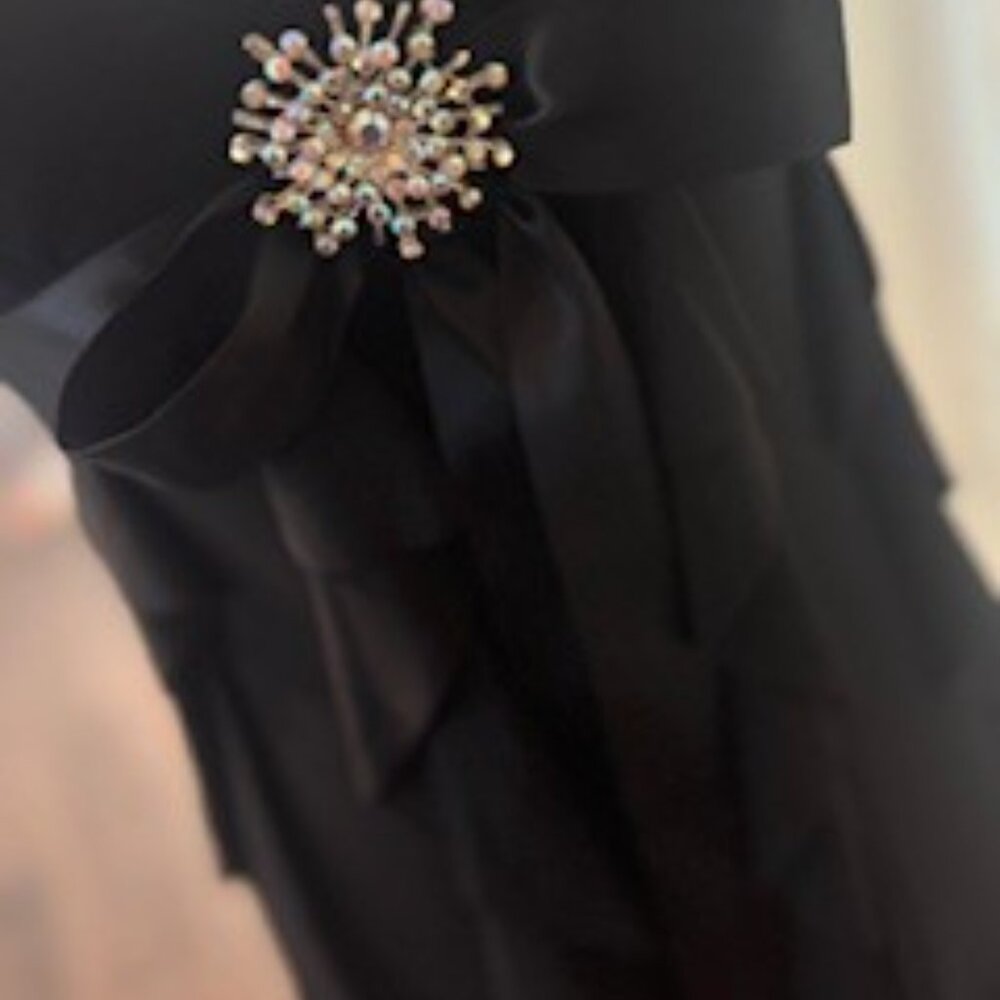 Black Ruffle Cocktail Dress with Rhinestone Brooch - Picture 4 of 8